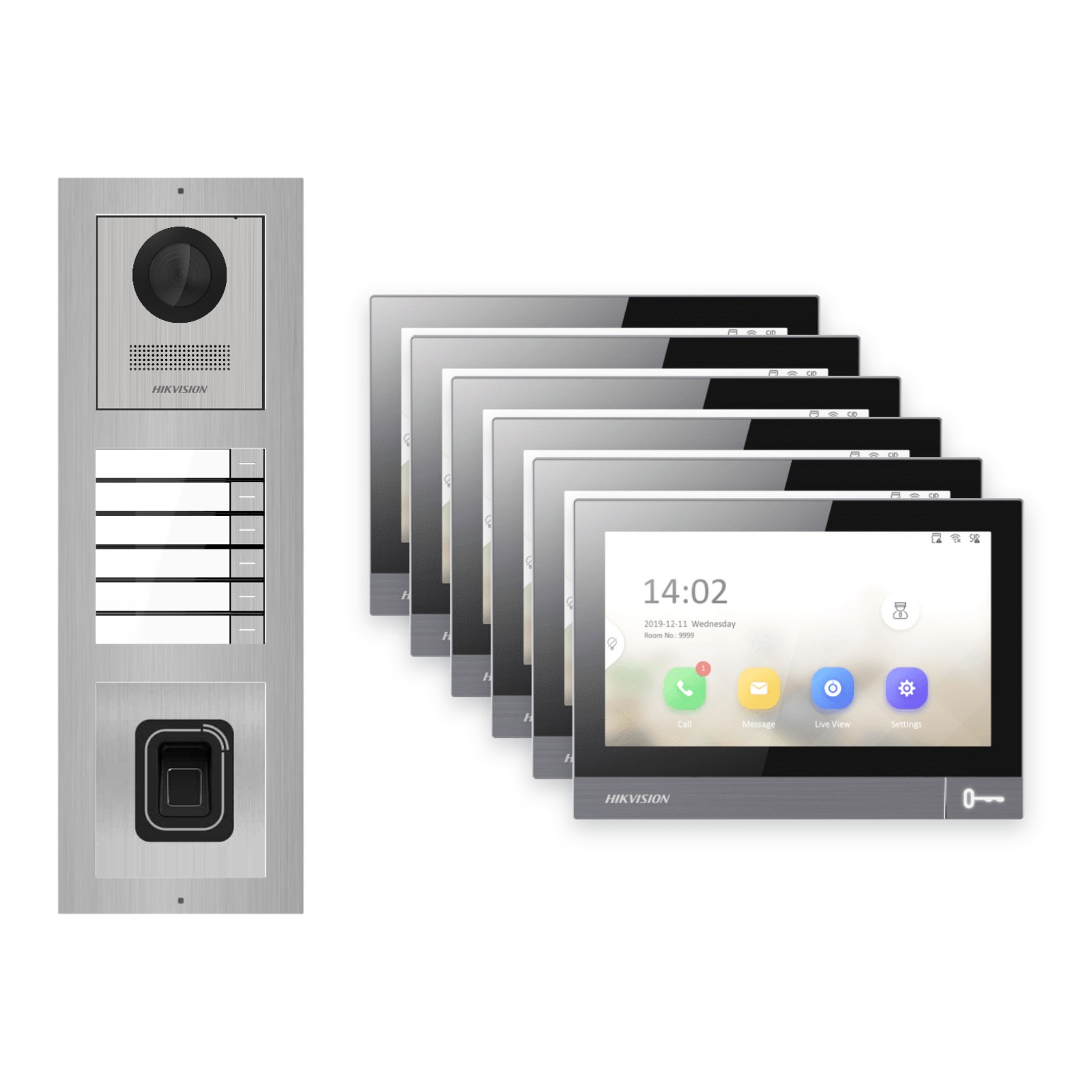 Hikvision PoE Video-Türsprechanlage 6-Familienhaus – Komplett-Set mit Fingerprint, DS-KH8381-WTE1, Aufputz – Türstation und Innenstation