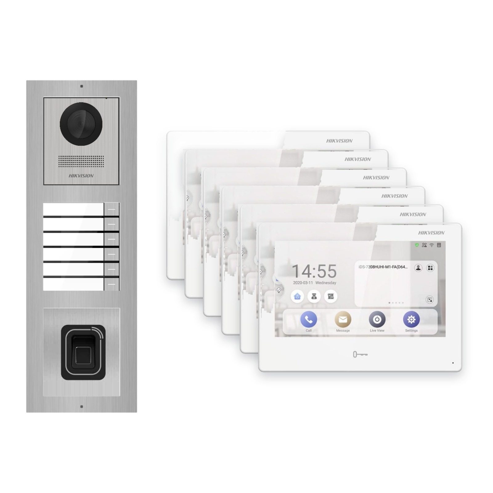 Hikvision PoE Video-Türsprechanlage 6-Familienhaus – Komplett-Set mit Fingerprint, DS-KH9310-WTE1(B), Aufputz Hikvision PoE Video-Türsprechanlage 6-Familienhaus – Komplett-Set mit Fingerprint, DS-KH9310-WTE1(B), Aufputz – Türstation und Innenstation