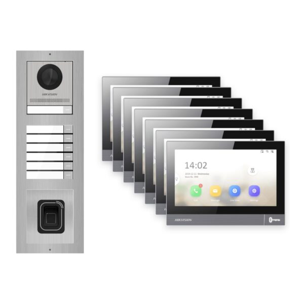 Hikvision PoE Video-Türsprechanlage 7-Familienhaus – Komplett-Set mit Fingerprint, DS-KH8381-WTE1, Aufputz – Türstation und Innenstation