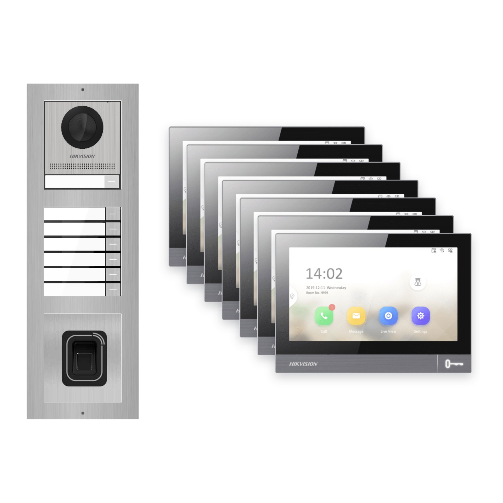 Hikvision PoE Video-Türsprechanlage 7-Familienhaus – Komplett-Set mit Fingerprint, DS-KH8381-WTE1, Aufputz – Türstation und Innenstation