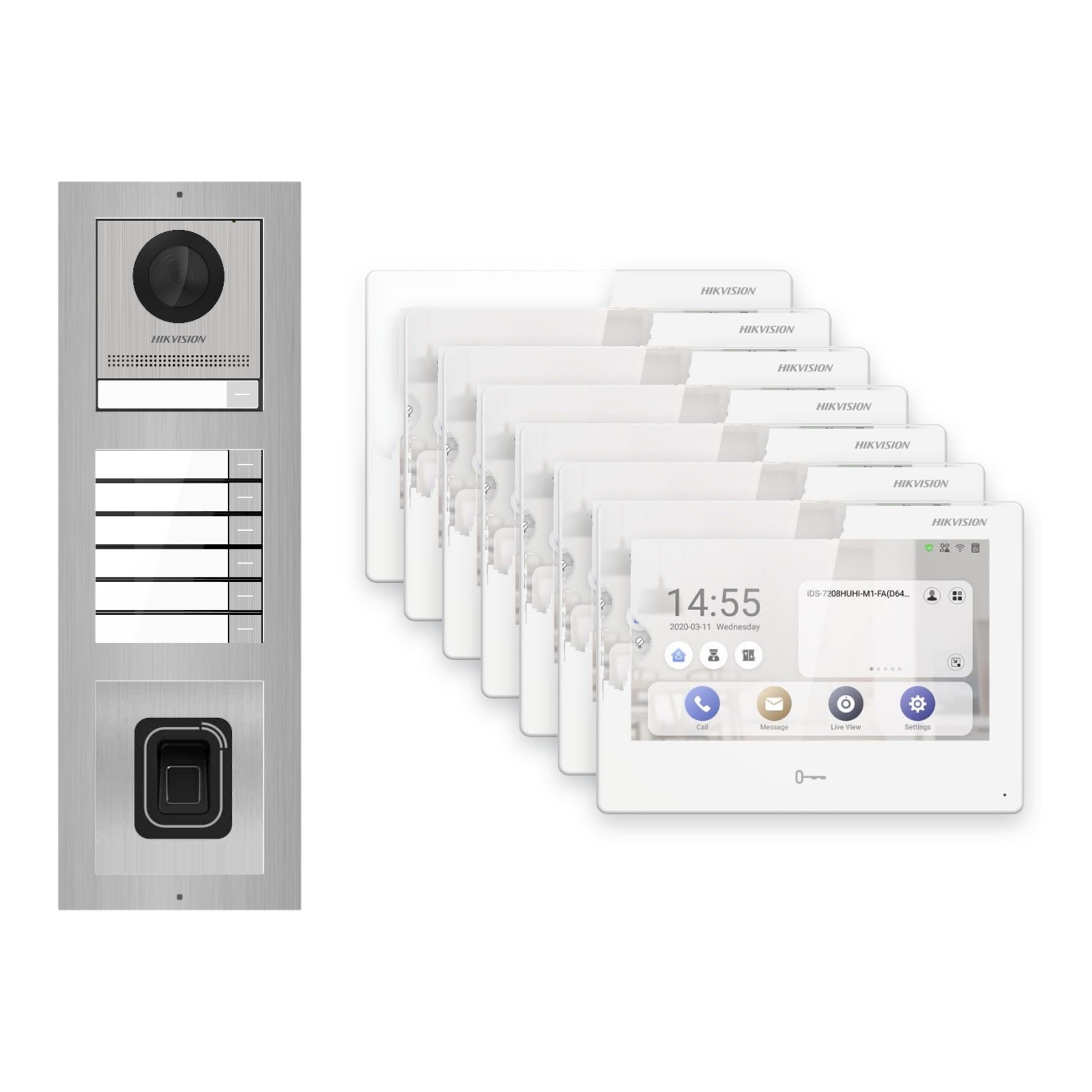 Hikvision PoE Video-Türsprechanlage 7-Familienhaus – Komplett-Set mit Fingerprint, DS-KH9310-WTE1(B), Aufputz Hikvision PoE Video-Türsprechanlage 7-Familienhaus – Komplett-Set mit Fingerprint, DS-KH9310-WTE1(B), Aufputz – Türstation und Innenstation