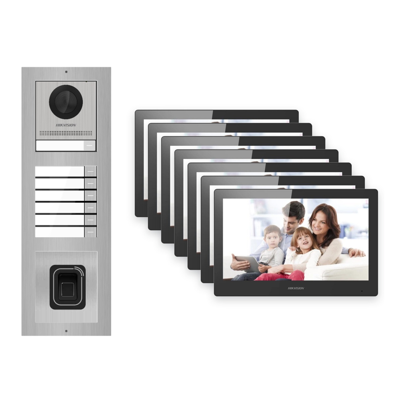 Hikvision PoE Video-Türsprechanlage 7-Familienhaus – Komplett-Set mit Fingerprint, DS-KH8520-WTE1, Aufputz Hikvision PoE Video-Türsprechanlage 7-Familienhaus – Komplett-Set mit Fingerprint, DS-KH8520-WTE1, Aufputz – Türstation und Innenstation