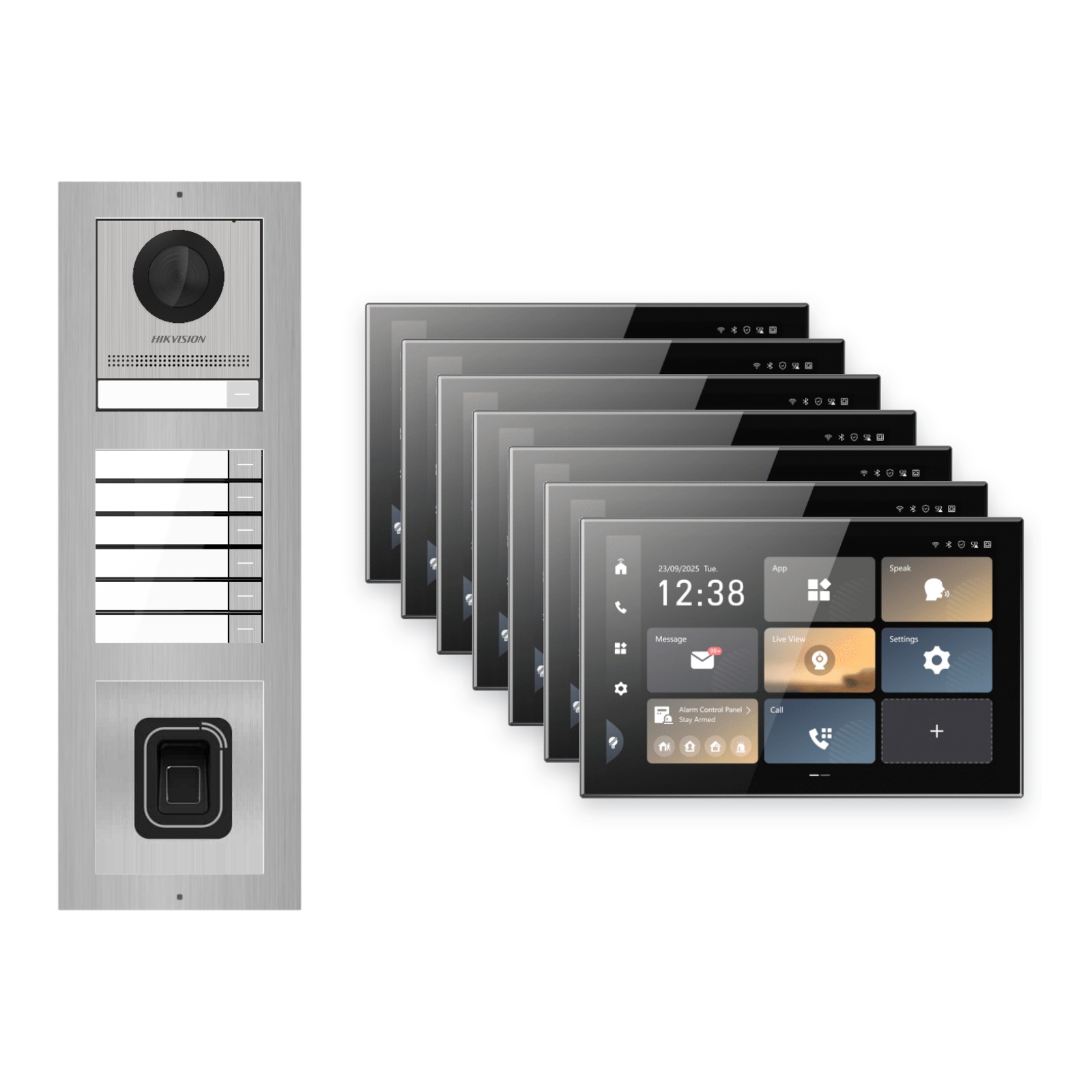 Hikvision PoE Video-Türsprechanlage 7-Familienhaus – Komplett-Set mit Fingerprint, DS-KH9570-WTE1/S, Aufputz Hikvision PoE Video-Türsprechanlage 7-Familienhaus – Komplett-Set mit Fingerprint, DS-KH9570-WTE1/S, Aufputz – Türstation und Innenstation