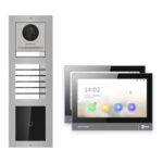 IP-PoE Video-Türsprechanlage Set · 3-Modul Aufputz Edelstahl · Klingel + Kartenleser · 2× Monitor – Türstation, Innenstation und Smartphone-App