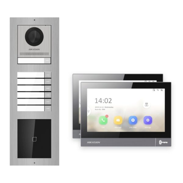 IP-PoE Video-Türsprechanlage Set · 3-Modul Aufputz Edelstahl · Klingel + Kartenleser · 2× Monitor – Türstation, Innenstation und Smartphone-App
