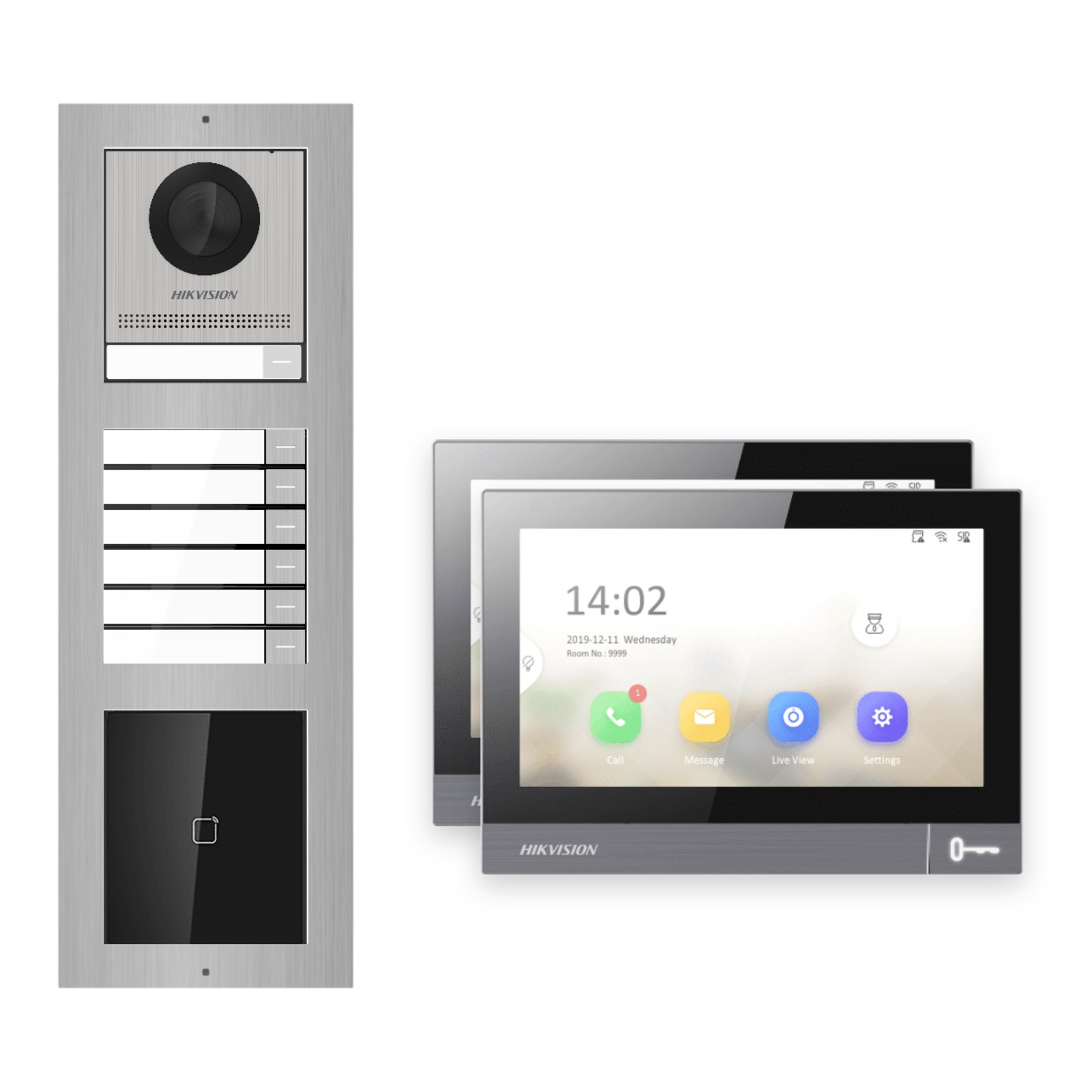 IP-PoE Video-Türsprechanlage Set · 3-Modul Aufputz Edelstahl · Klingel + Kartenleser · 2× Monitor – Türstation, Innenstation und Smartphone-App