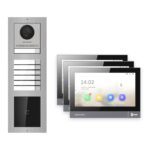 IP-PoE Video-Türsprechanlage Set · 3-Modul Aufputz Edelstahl · Klingel + Kartenleser · 3× Monitor – Türstation, Innenstation und Smartphone-App