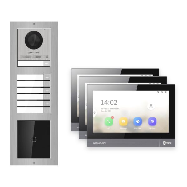 IP-PoE Video-Türsprechanlage Set · 3-Modul Aufputz Edelstahl · Klingel + Kartenleser · 3× Monitor – Türstation, Innenstation und Smartphone-App