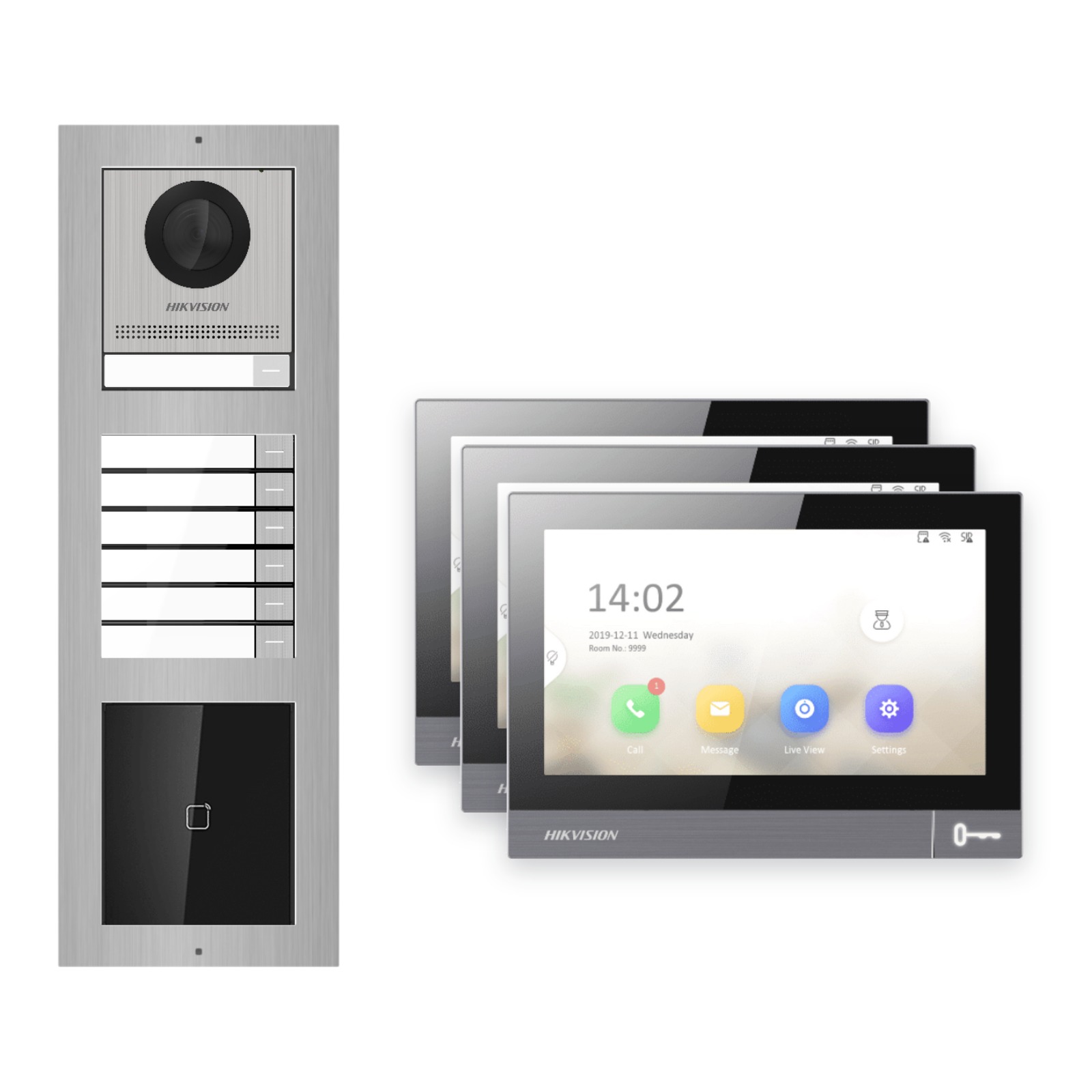 IP-PoE Video-Türsprechanlage Set · 3-Modul Aufputz Edelstahl · Klingel + Kartenleser · 3× Monitor – Türstation, Innenstation und Smartphone-App