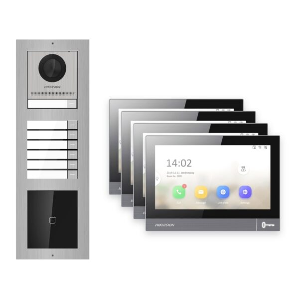 IP-PoE Video-Türsprechanlage Set · 3-Modul Aufputz Edelstahl · Klingel + Kartenleser · 4× Monitor – Türstation, Innenstation und Smartphone-App