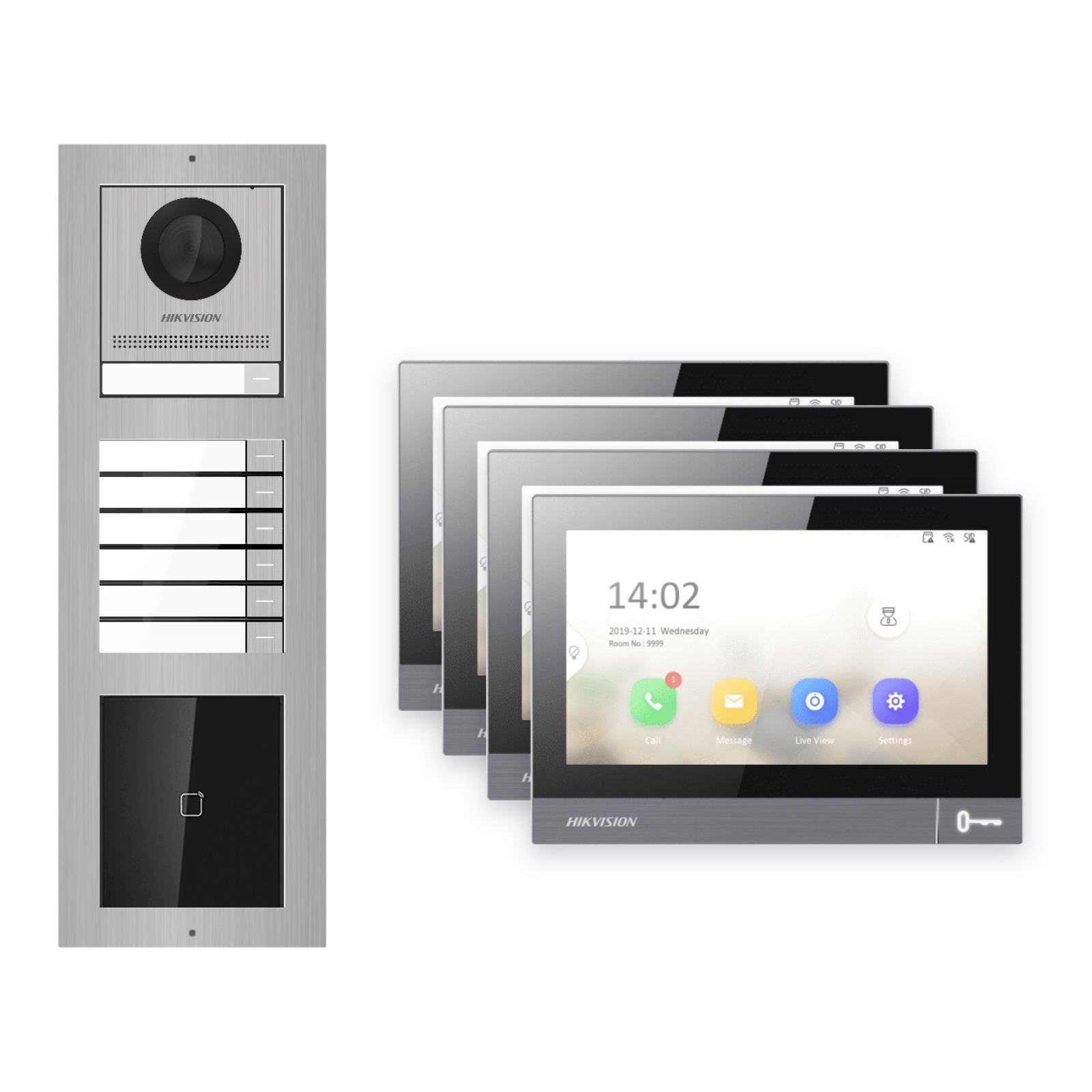 IP-PoE Video-Türsprechanlage Set · 3-Modul Aufputz Edelstahl · Klingel + Kartenleser · 4× Monitor – Türstation, Innenstation und Smartphone-App