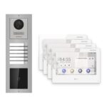 Hikvision PoE Video-Türsprechanlage 4-Familienhaus – Komplett-Set mit Kartenleser, DS-KH9310-WTE1(B), Aufputz – Türstation und Innenstation