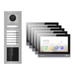 IP-PoE Video-Türsprechanlage Set · 3-Modul Aufputz Edelstahl · Klingel + Kartenleser · 5× Monitor – Türstation, Innenstation und Smartphone-App