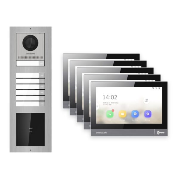 IP-PoE Video-Türsprechanlage Set · 3-Modul Aufputz Edelstahl · Klingel + Kartenleser · 5× Monitor – Türstation, Innenstation und Smartphone-App