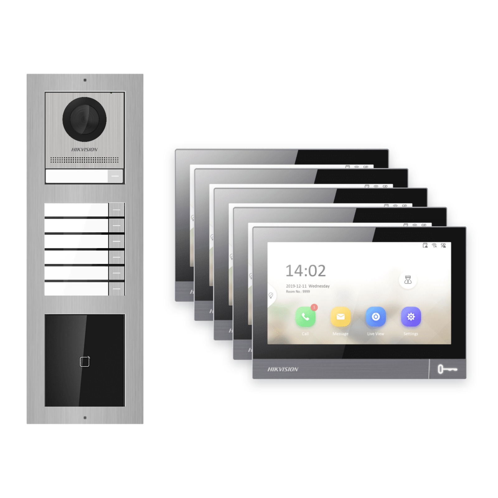 IP-PoE Video-Türsprechanlage Set · 3-Modul Aufputz Edelstahl · Klingel + Kartenleser · 5× Monitor – Türstation, Innenstation und Smartphone-App