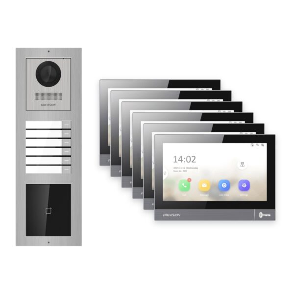 Hikvision PoE Video-Türsprechanlage 6-Familienhaus – Komplett-Set mit Kartenleser, DS-KH8381-WTE1, Aufputz – Türstation und Innenstation