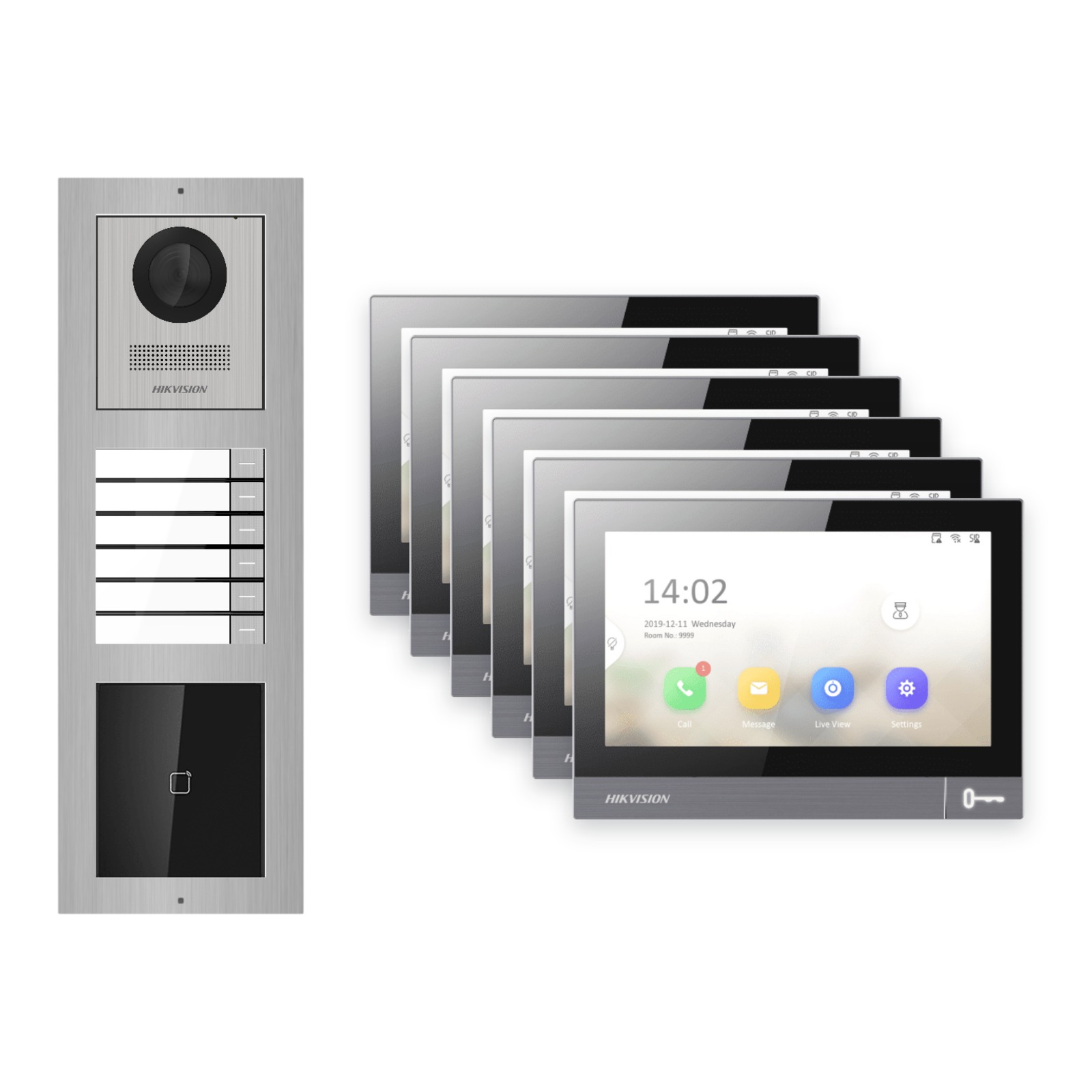 Hikvision PoE Video-Türsprechanlage 6-Familienhaus – Komplett-Set mit Kartenleser, DS-KH8381-WTE1, Aufputz – Türstation und Innenstation
