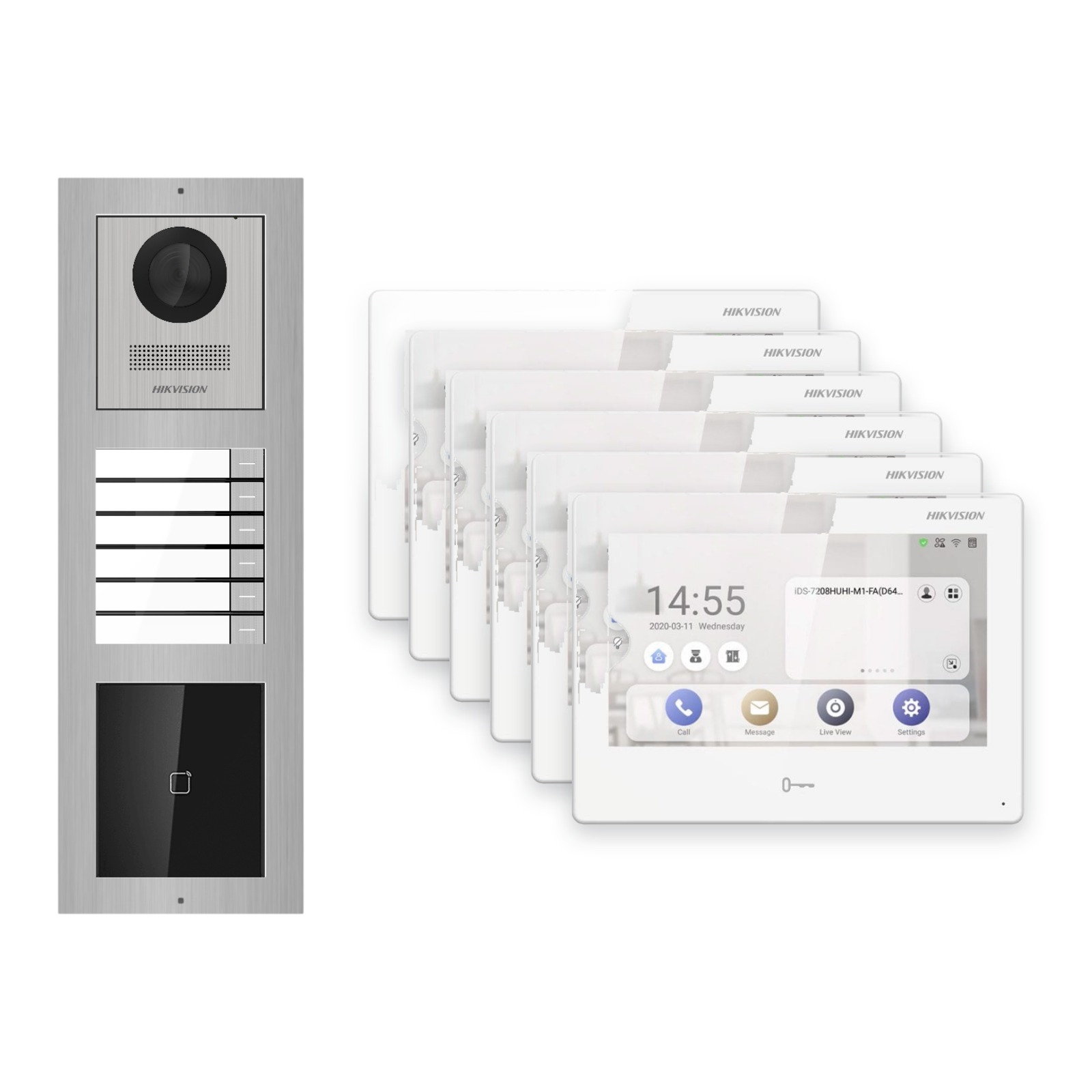 Hikvision PoE Video-Türsprechanlage 6-Familienhaus – Komplett-Set mit Kartenleser, DS-KH9310-WTE1(B), Aufputz Hikvision PoE Video-Türsprechanlage 6-Familienhaus – Komplett-Set mit Kartenleser, DS-KH9310-WTE1(B), Aufputz – Türstation und Innenstation