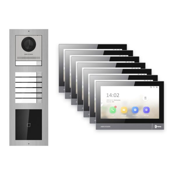 Hikvision PoE Video-Türsprechanlage 7-Familienhaus – Komplett-Set mit Kartenleser, DS-KH8381-WTE1, Aufputz – Türstation und Innenstation
