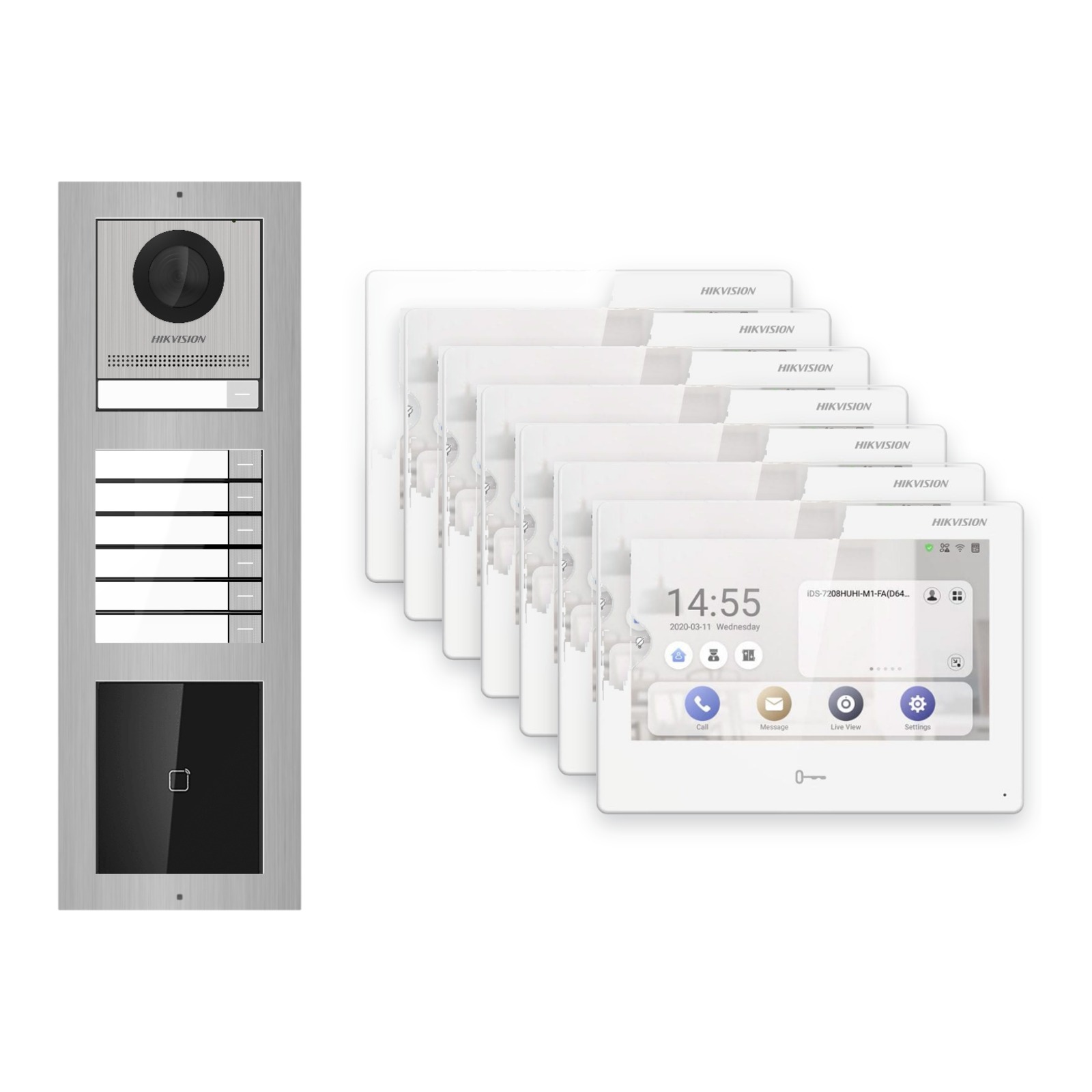 Hikvision PoE Video-Türsprechanlage 7-Familienhaus – Komplett-Set mit Kartenleser, DS-KH9310-WTE1(B), Aufputz Hikvision PoE Video-Türsprechanlage 7-Familienhaus – Komplett-Set mit Kartenleser, DS-KH9310-WTE1(B), Aufputz – Türstation und Innenstation