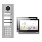 IP-PoE Video-Türsprechanlage Set · 3-Modul Aufputz Edelstahl · Klingel + Tastatur · 2× Monitor – Türstation, Innenstation und Smartphone-App