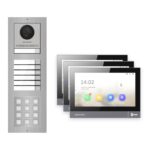 IP-PoE Video-Türsprechanlage Set · 3-Modul Aufputz Edelstahl · Klingel + Tastatur · 3× Monitor – Türstation, Innenstation und Smartphone-App