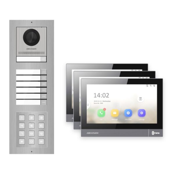 IP-PoE Video-Türsprechanlage Set · 3-Modul Aufputz Edelstahl · Klingel + Tastatur · 3× Monitor – Türstation, Innenstation und Smartphone-App