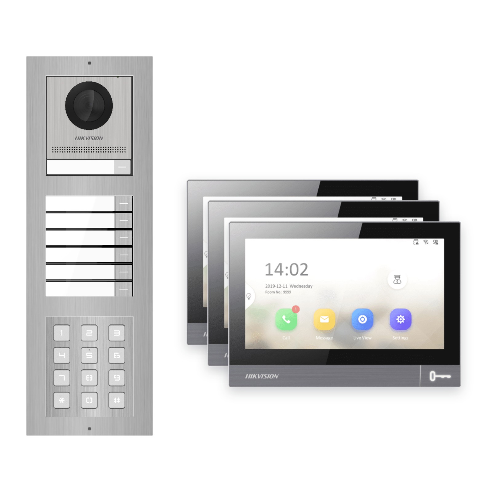 IP-PoE Video-Türsprechanlage Set · 3-Modul Aufputz Edelstahl · Klingel + Tastatur · 3× Monitor – Türstation, Innenstation und Smartphone-App