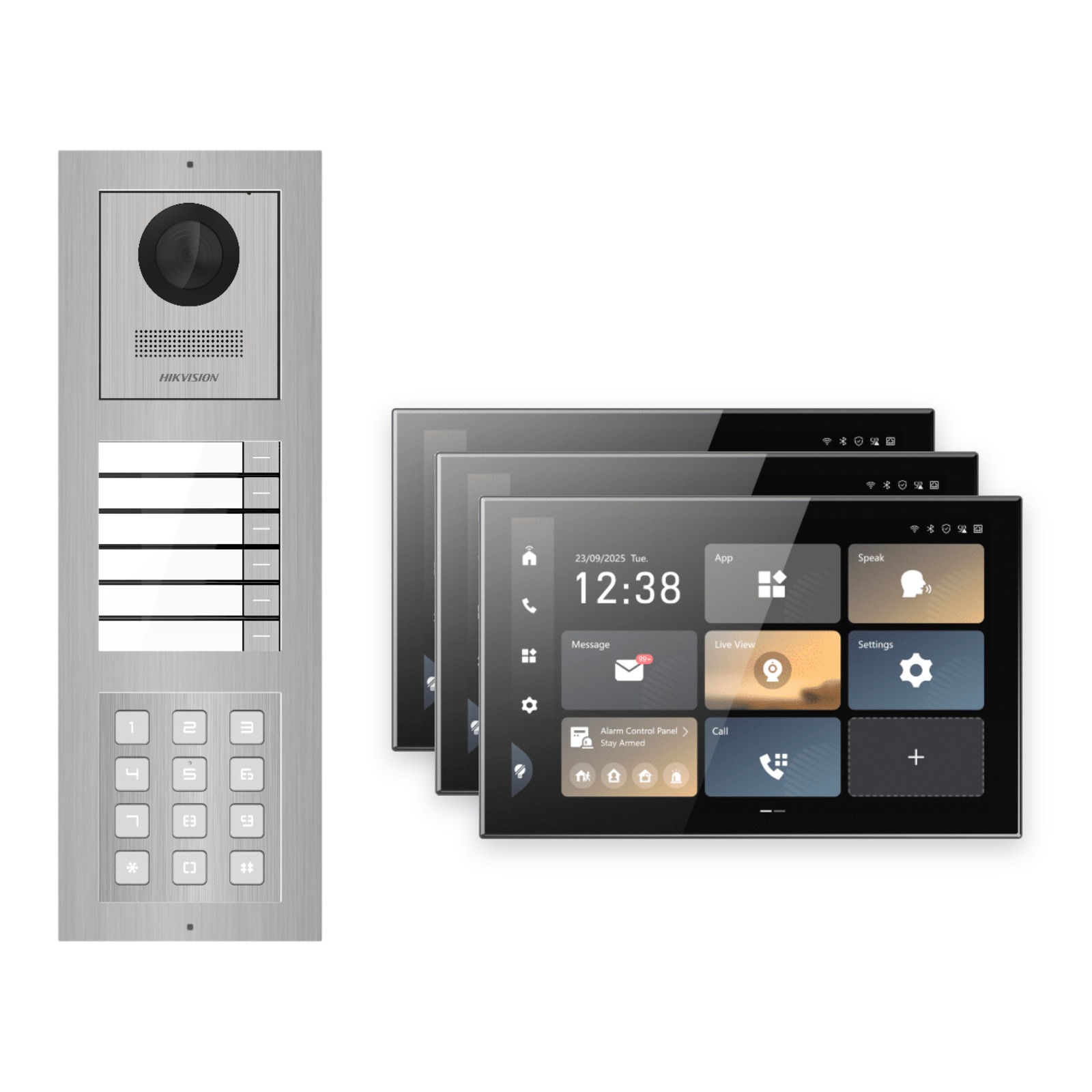Hikvision PoE Video-Türsprechanlage 3-Familienhaus – Komplett-Set mit Zahlencode, DS-KH9570-WTE1/S, Aufputz Hikvision PoE Video-Türsprechanlage 3-Familienhaus – Komplett-Set mit Zahlencode, DS-KH9570-WTE1/S, Aufputz – Türstation und Innenstation