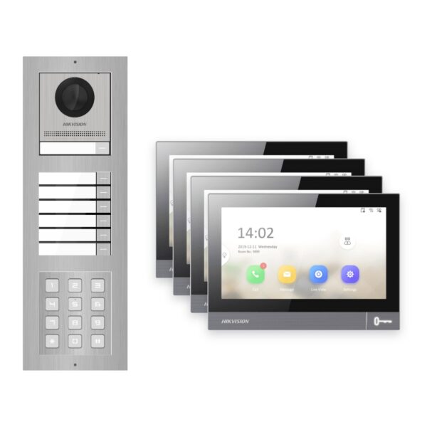IP-PoE Video-Türsprechanlage Set · 3-Modul Aufputz Edelstahl · Klingel + Tastatur · 4× Monitor – Türstation, Innenstation und Smartphone-App