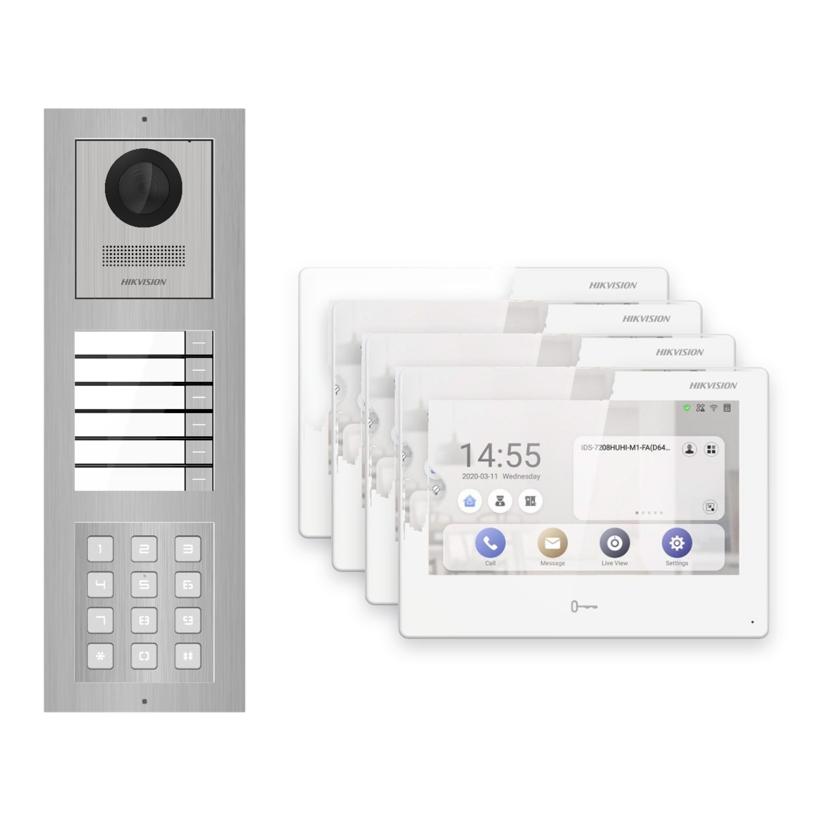 Hikvision PoE Video-Türsprechanlage 4-Familienhaus – Komplett-Set mit Zahlencode, DS-KH9310-WTE1(B), Aufputz Hikvision PoE Video-Türsprechanlage 4-Familienhaus – Komplett-Set mit Zahlencode, DS-KH9310-WTE1(B), Aufputz – Türstation und Innenstation