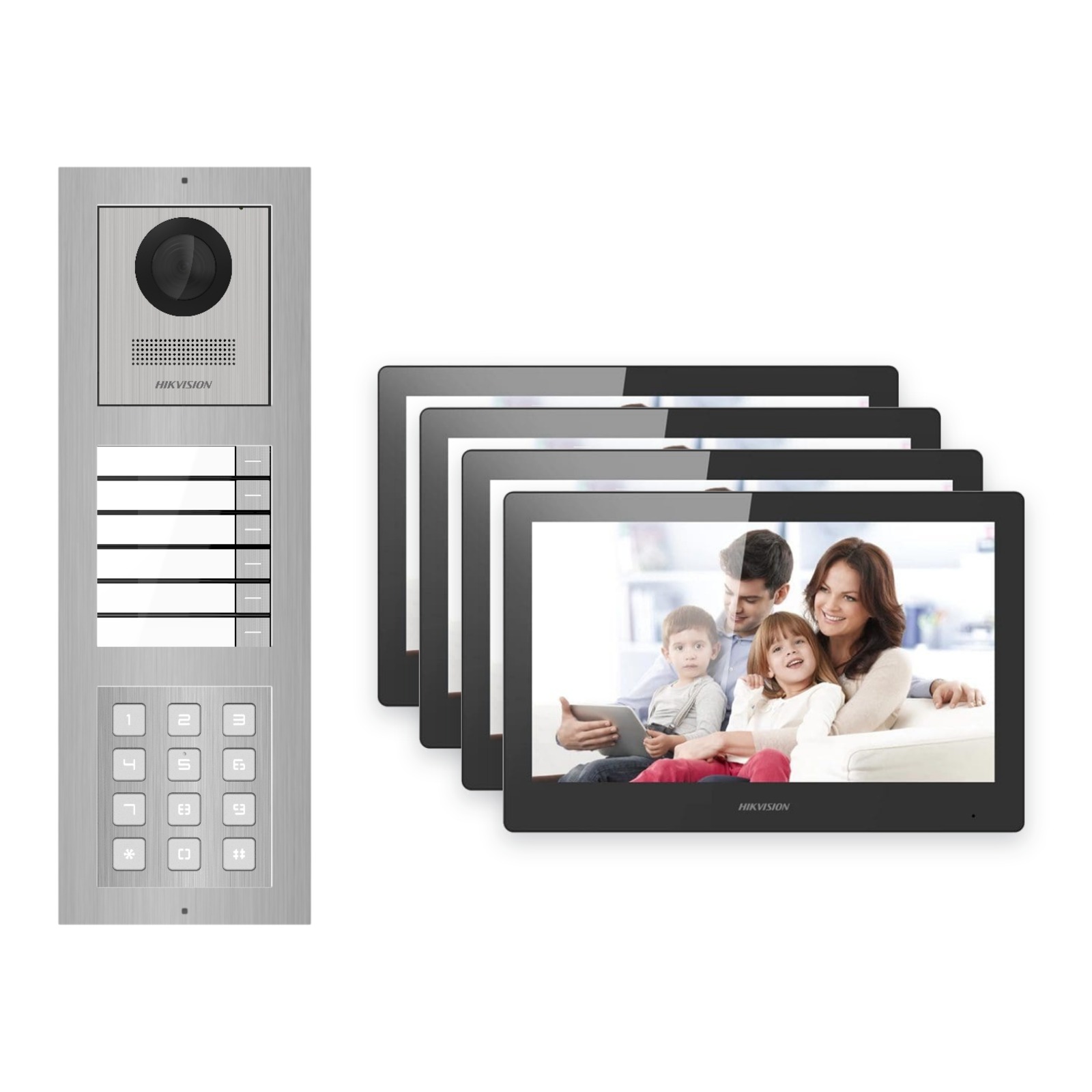 Hikvision PoE Video-Türsprechanlage 4-Familienhaus – Komplett-Set mit Zahlencode, DS-KH8520-WTE1, Aufputz Hikvision PoE Video-Türsprechanlage 4-Familienhaus – Komplett-Set mit Zahlencode, DS-KH8520-WTE1, Aufputz – Türstation und Innenstation