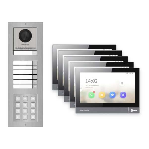 IP-PoE Video-Türsprechanlage Set · 3-Modul Aufputz Edelstahl · Klingel + Tastatur · 5× Monitor – Türstation, Innenstation und Smartphone-App
