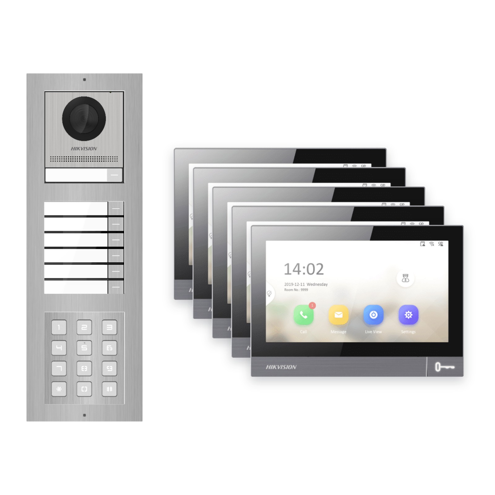 IP-PoE Video-Türsprechanlage Set · 3-Modul Aufputz Edelstahl · Klingel + Tastatur · 5× Monitor – Türstation, Innenstation und Smartphone-App