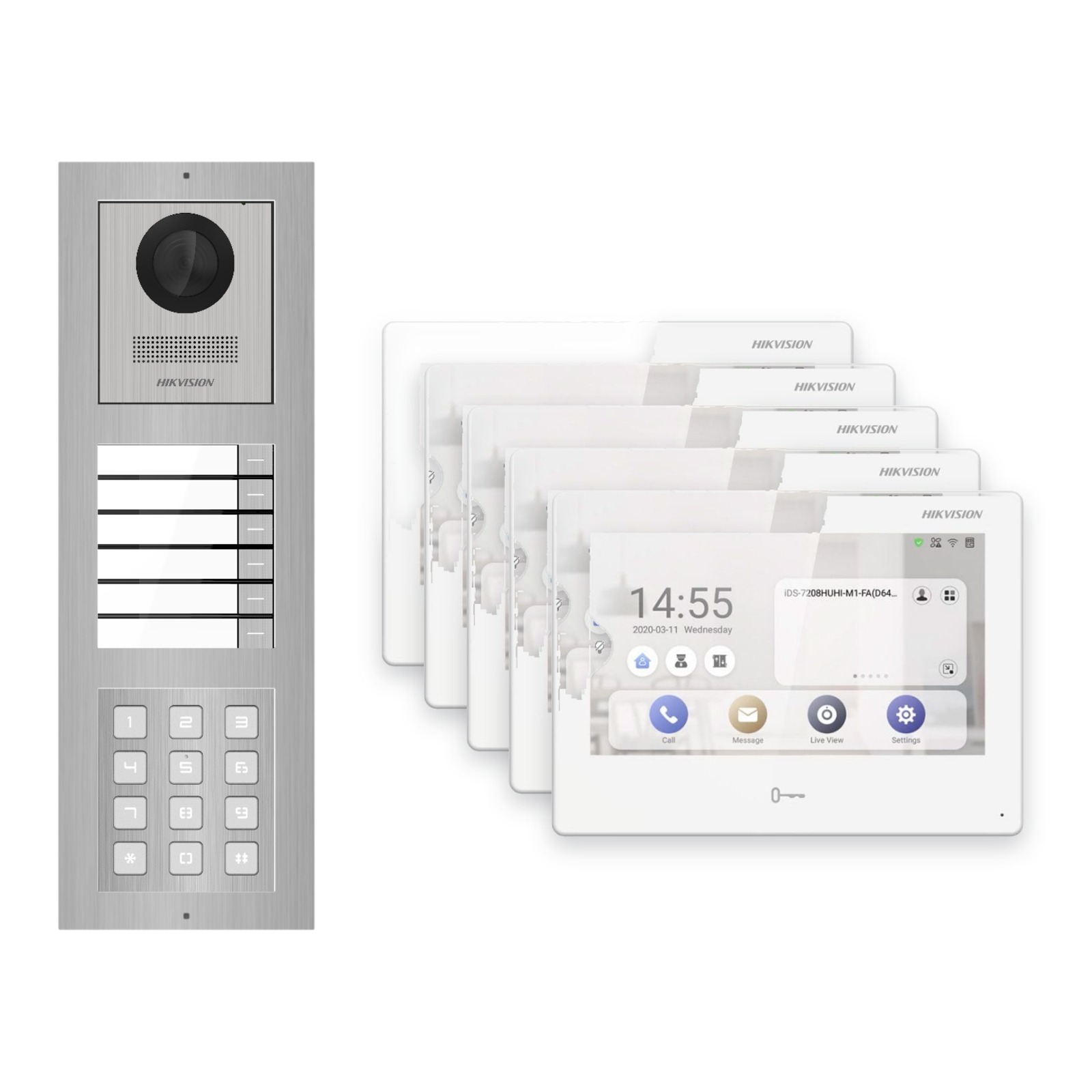 Hikvision PoE Video-Türsprechanlage 5-Familienhaus – Komplett-Set mit Zahlencode, DS-KH9310-WTE1(B), Aufputz Hikvision PoE Video-Türsprechanlage 5-Familienhaus – Komplett-Set mit Zahlencode, DS-KH9310-WTE1(B), Aufputz – Türstation und Innenstation