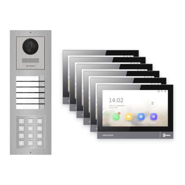 Hikvision PoE Video-Türsprechanlage 6-Familienhaus – Komplett-Set mit Zahlencode, DS-KH8381-WTE1, Aufputz – Türstation und Innenstation