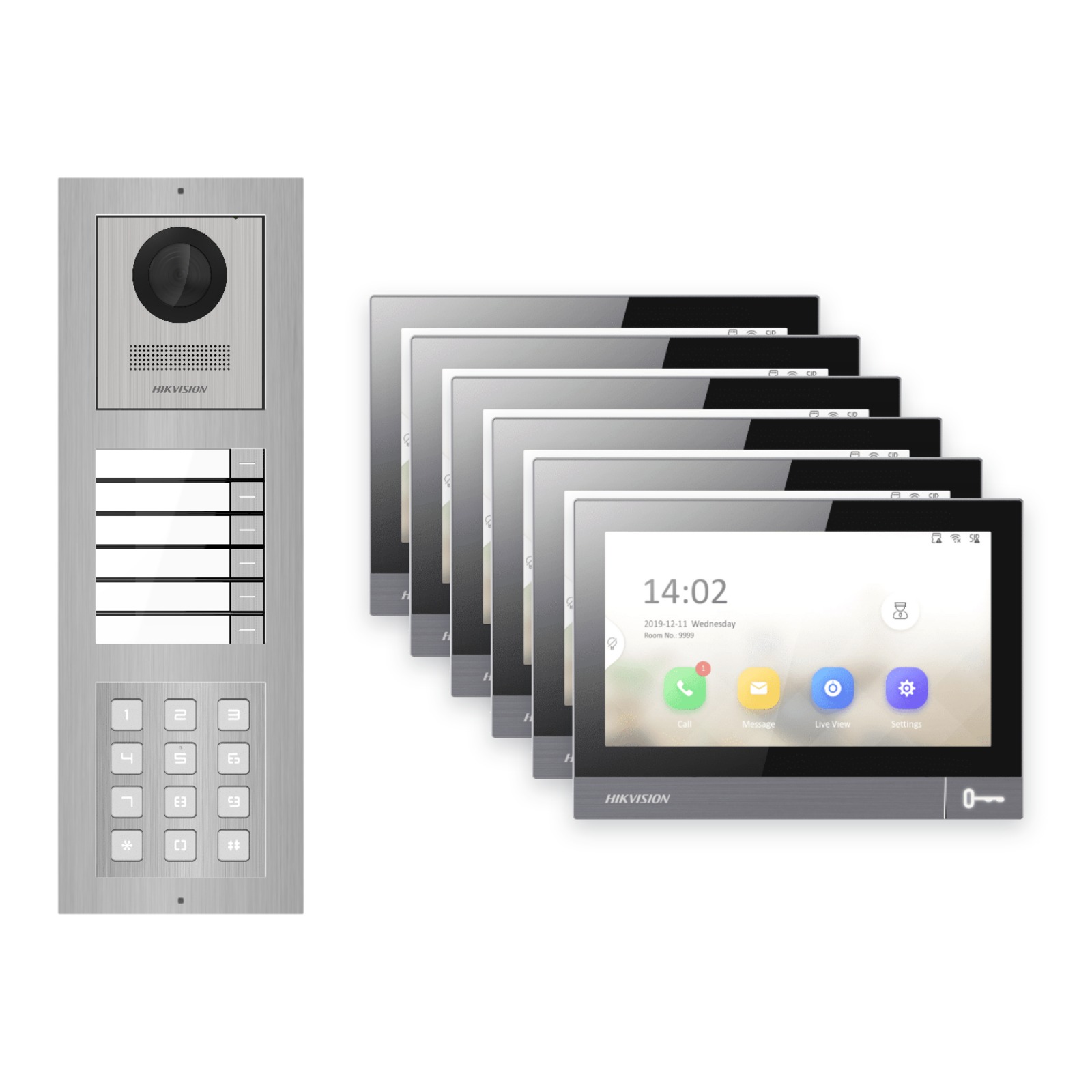 Hikvision PoE Video-Türsprechanlage 6-Familienhaus – Komplett-Set mit Zahlencode, DS-KH8381-WTE1, Aufputz – Türstation und Innenstation
