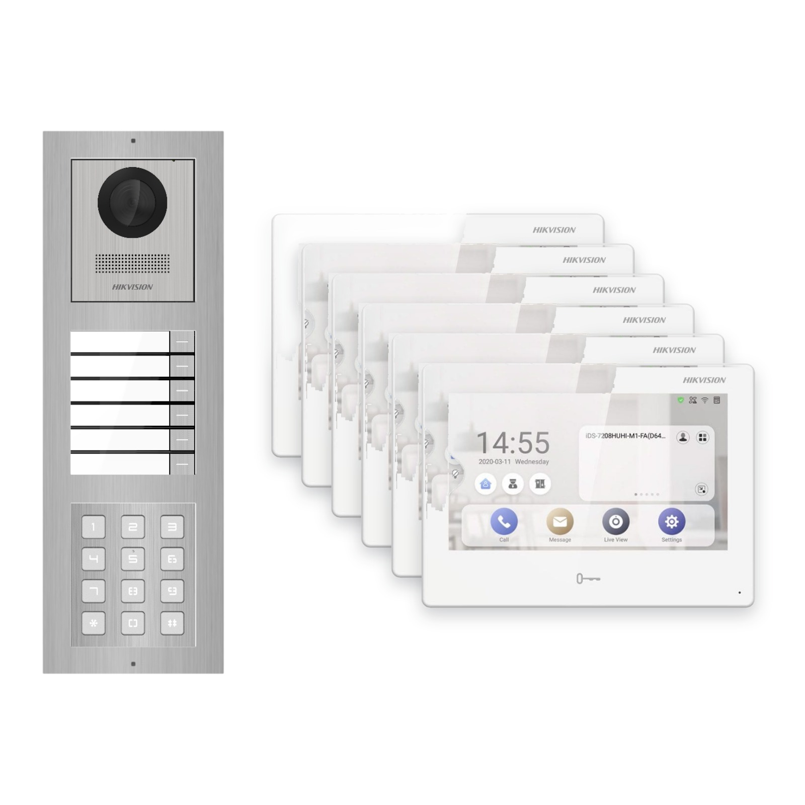 Hikvision PoE Video-Türsprechanlage 6-Familienhaus – Komplett-Set mit Zahlencode, DS-KH9310-WTE1(B), Aufputz Hikvision PoE Video-Türsprechanlage 6-Familienhaus – Komplett-Set mit Zahlencode, DS-KH9310-WTE1(B), Aufputz – Türstation und Innenstation