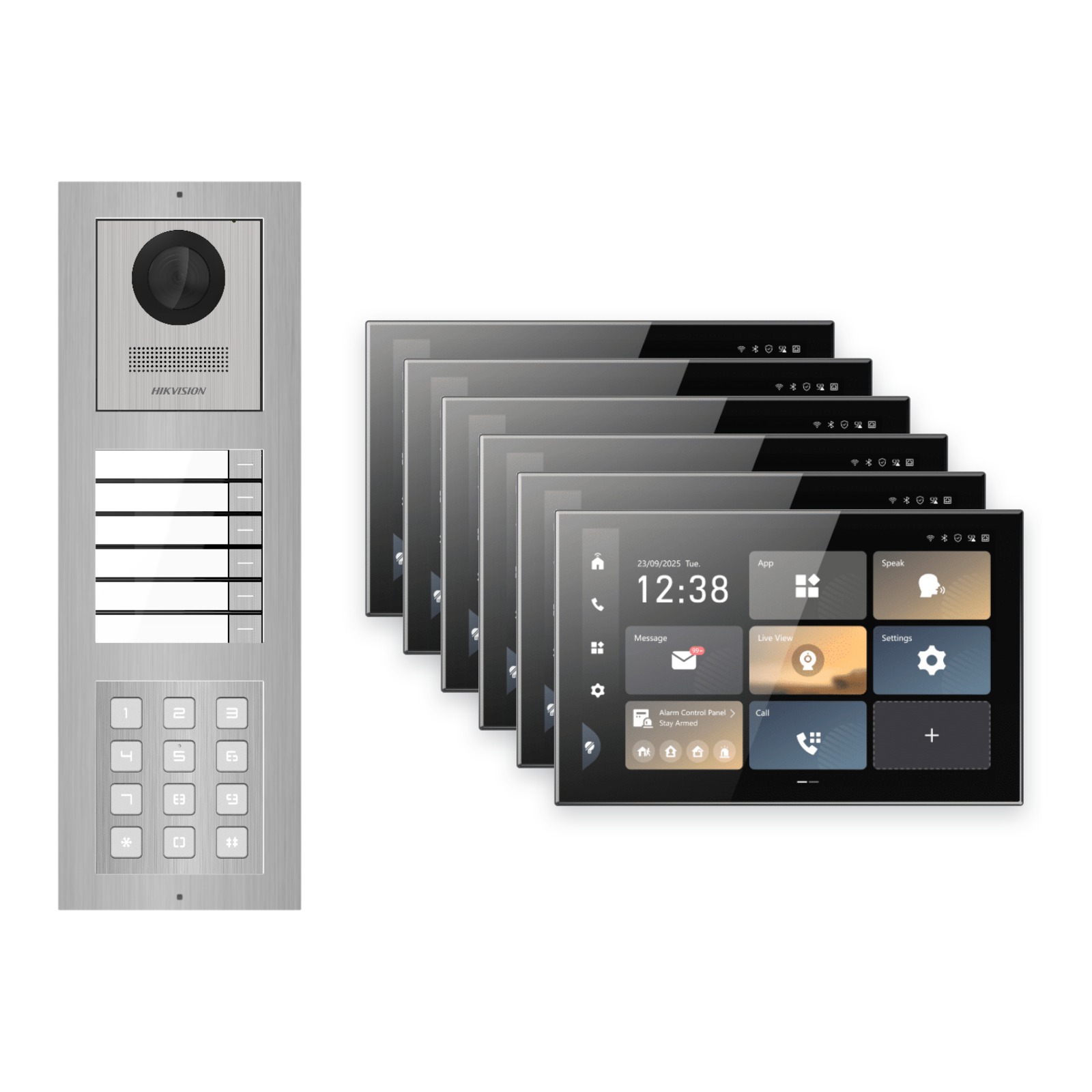 Hikvision PoE Video-Türsprechanlage 6-Familienhaus – Komplett-Set mit Zahlencode, DS-KH9570-WTE1/S, Aufputz Hikvision PoE Video-Türsprechanlage 6-Familienhaus – Komplett-Set mit Zahlencode, DS-KH9570-WTE1/S, Aufputz – Türstation und Innenstation