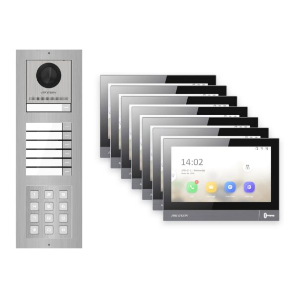 Hikvision PoE Video-Türsprechanlage 7-Familienhaus – Komplett-Set mit Zahlencode, DS-KH8381-WTE1, Aufputz – Türstation und Innenstation