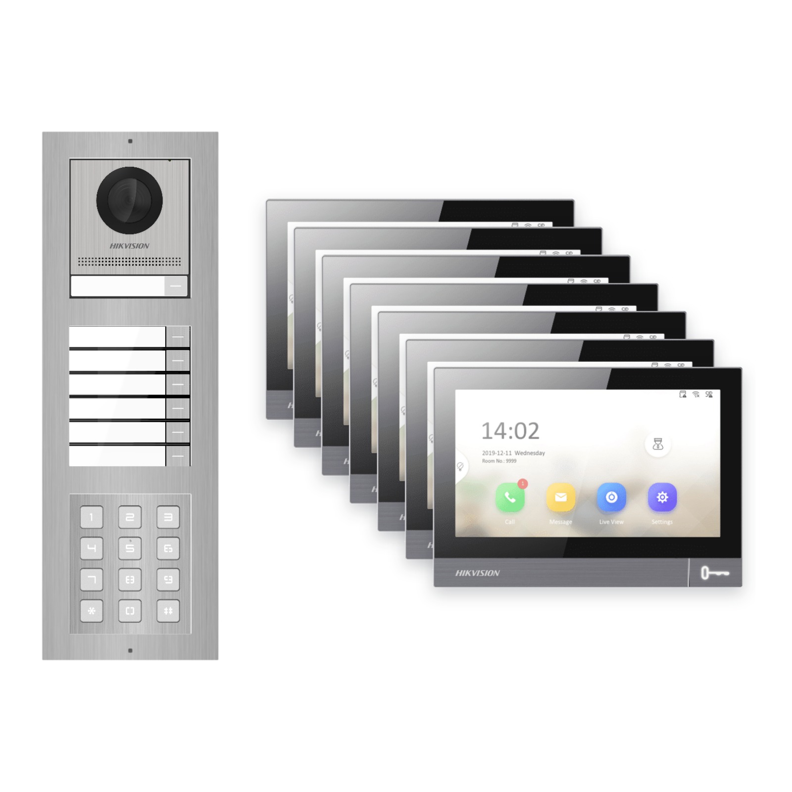 Hikvision PoE Video-Türsprechanlage 7-Familienhaus – Komplett-Set mit Zahlencode, DS-KH8381-WTE1, Aufputz – Türstation und Innenstation