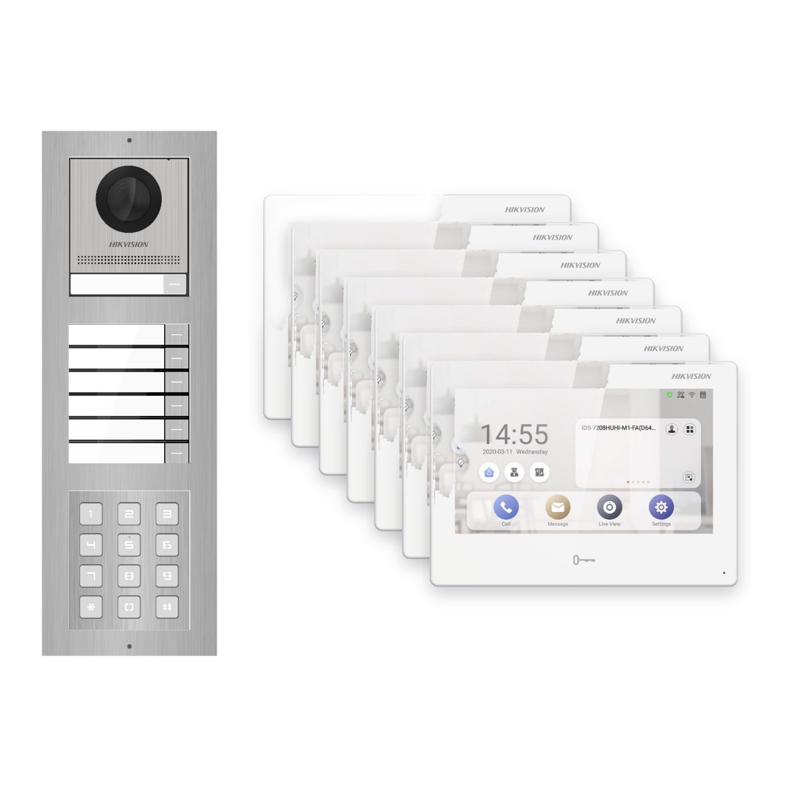 Hikvision PoE Video-Türsprechanlage 7-Familienhaus – Komplett-Set mit Zahlencode, DS-KH9310-WTE1(B), Aufputz Hikvision PoE Video-Türsprechanlage 7-Familienhaus – Komplett-Set mit Zahlencode, DS-KH9310-WTE1(B), Aufputz – Türstation und Innenstation