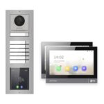 IP-PoE Video-Türsprechanlage Set · 3-Modul Aufputz Edelstahl · Klingel + Touch-Display · 2× Monitor – Türstation, Innenstation und Smartphone-App