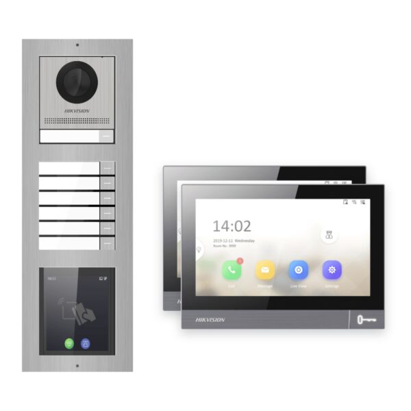 IP-PoE Video-Türsprechanlage Set · 3-Modul Aufputz Edelstahl · Klingel + Touch-Display · 2× Monitor – Türstation, Innenstation und Smartphone-App
