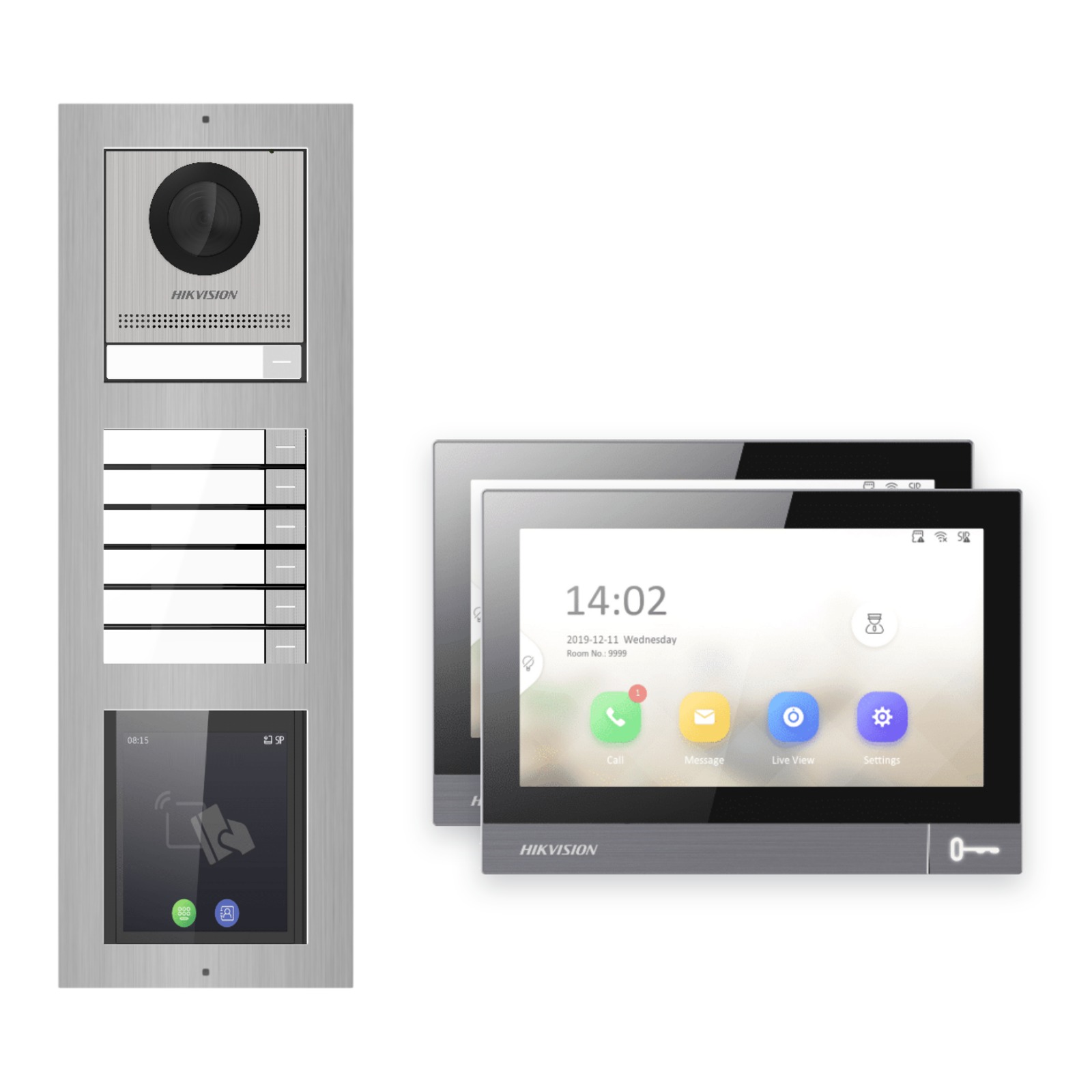IP-PoE Video-Türsprechanlage Set · 3-Modul Aufputz Edelstahl · Klingel + Touch-Display · 2× Monitor – Türstation, Innenstation und Smartphone-App