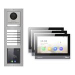 IP-PoE Video-Türsprechanlage Set · 3-Modul Aufputz Edelstahl · Klingel + Touch-Display · 3× Monitor – Türstation, Innenstation und Smartphone-App