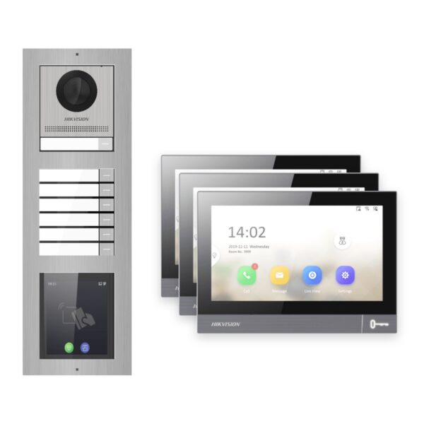 IP-PoE Video-Türsprechanlage Set · 3-Modul Aufputz Edelstahl · Klingel + Touch-Display · 3× Monitor – Türstation, Innenstation und Smartphone-App