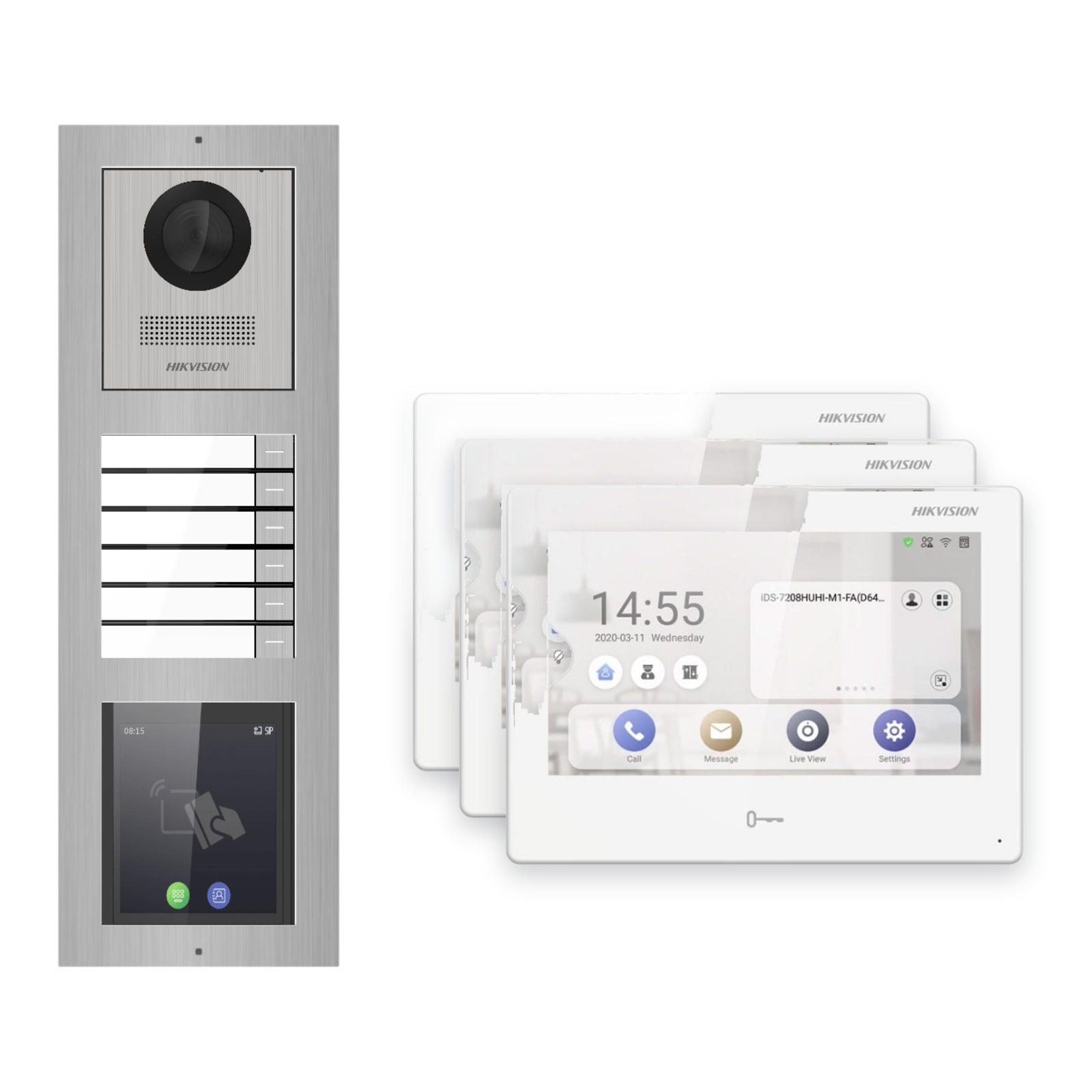 Hikvision PoE Video-Türsprechanlage 3-Familienhaus – Komplett-Set mit Touch-Display, DS-KH9310-WTE1(B), Aufputz Hikvision PoE Video-Türsprechanlage 3-Familienhaus – Komplett-Set mit Touch-Display, DS-KH9310-WTE1(B), Aufputz – Türstation und Innenstation