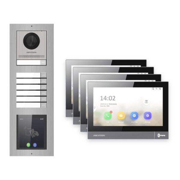 IP-PoE Video-Türsprechanlage Set · 3-Modul Aufputz Edelstahl · Klingel + Touch-Display · 4× Monitor – Türstation, Innenstation und Smartphone-App