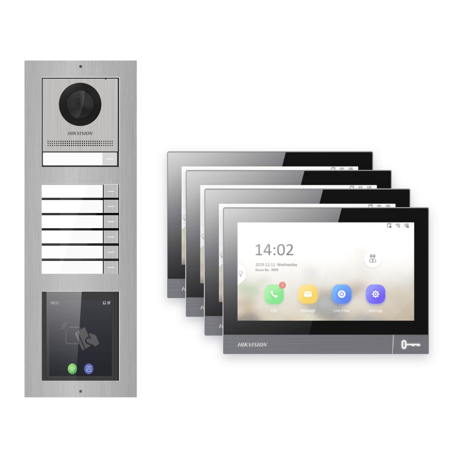 IP-PoE Video-Türsprechanlage Set · 3-Modul Aufputz Edelstahl · Klingel + Touch-Display · 4× Monitor – Türstation, Innenstation und Smartphone-App